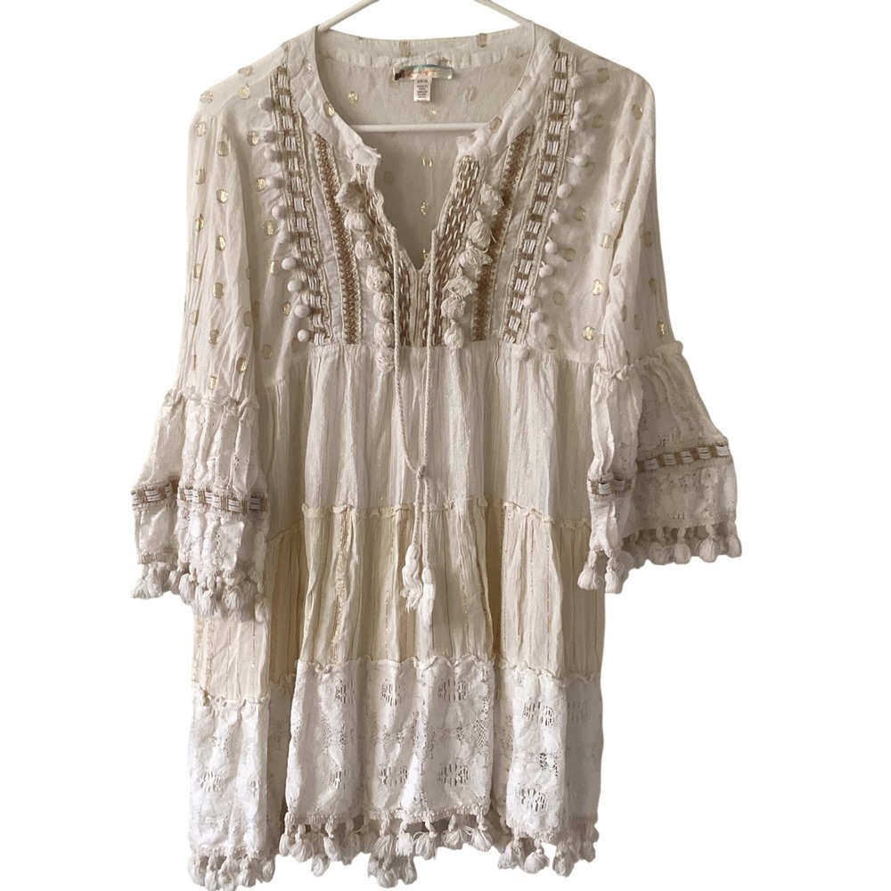 Rise & Blossom Gold Dot Tiered Tassel‎ Pom Pom V-Neck Tunic Dress S/P CH